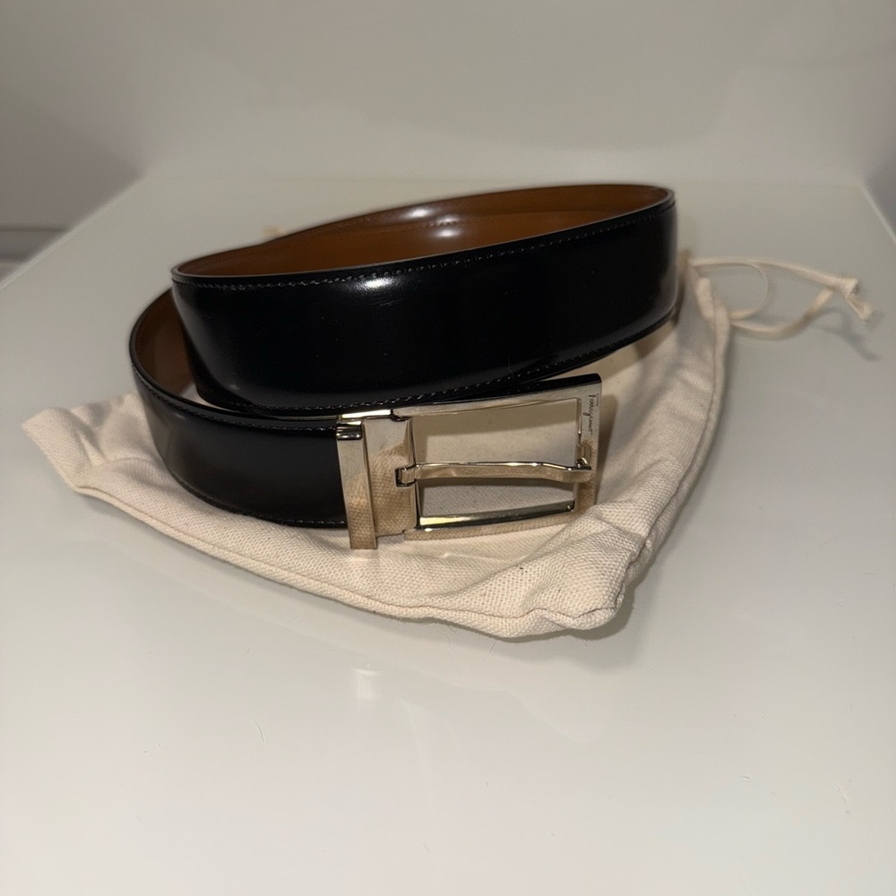 Salvatore Ferragamo Reversible Black and Brown Saddle Stamp Belt